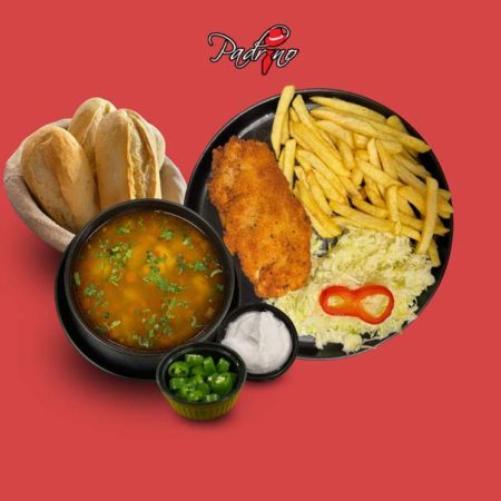 Ciorba de legume snitel de pui cu cartofi prajiti si salata de varza