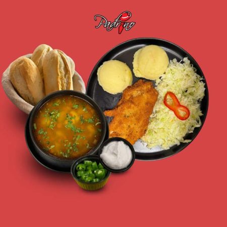 Ciorba de legume snitel de pui cu piure de cartofi si salata de varza