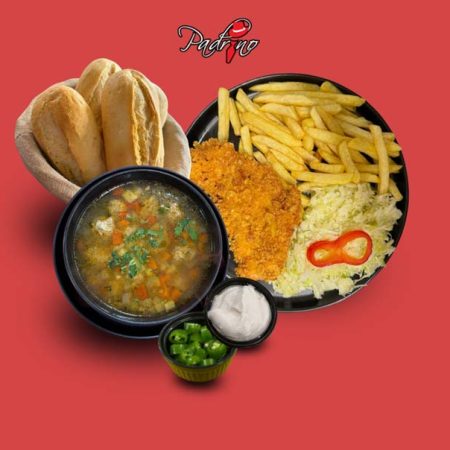 Ciorba de perisoare piept de pui crispy cu cartofi prajiti salata de varza